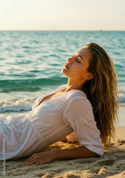 Fototapeta With the ocean as her backdrop, a woman relaxes on the beach, embodying a lifestyle of wellness.