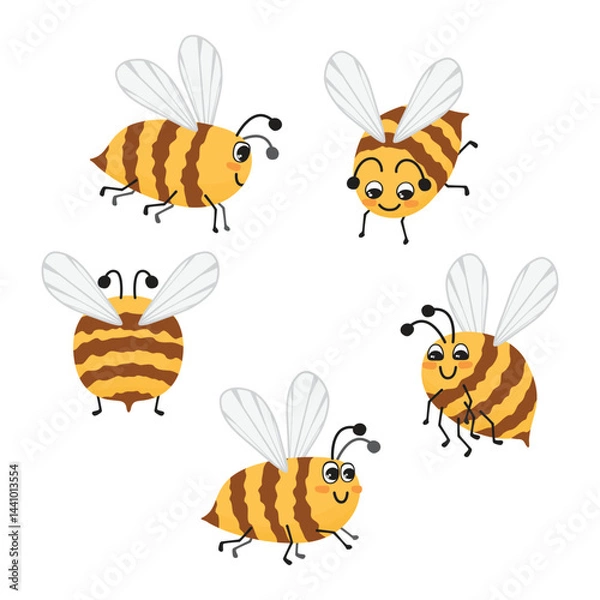 Fototapeta Cartoon Honey Bee set. Funny animal haracters with eyes, wings, paws, antennae. Cute flying insects yellow with brown stripes, from different angles. Vector designs for cards, patterns, stickers.