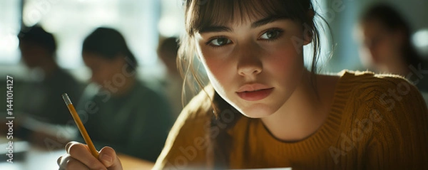 Fototapeta Close-up of a young woman taking an exam with a pencil and paper in a university classroom, with blurred students in the background.