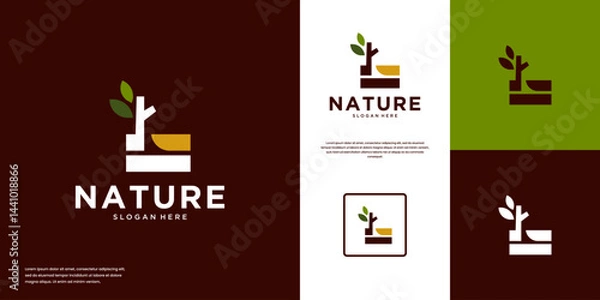 Obraz minimalist growth , modern agriculture symbol , green leaves , design vector template.