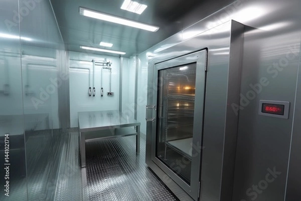 Obraz Brightly lit stainless steel room features a glass door, a large table, and is designed for food storage in a commercial kitchen setting, showcasing modern design elements