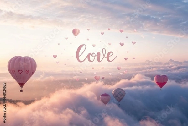 Fototapeta Heartfelt journey through fluffy clouds at sunset in romantic hot air balloons exploring the sky of love and dreams Generative AI