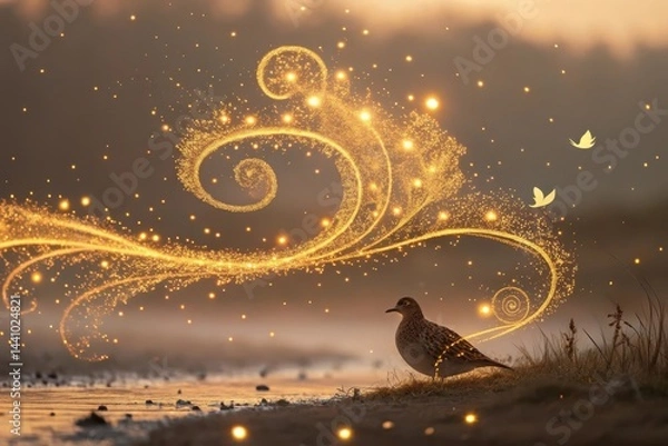Fototapeta Golden swirls enveloping a serene bird by the waterside at dawn, creating a dreamlike atmosphere of nature's beauty Generative AI
