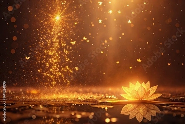 Fototapeta Golden lotus blooms in enchanting light as sparkling dust dances around at twilight by a serene water surface Generative AI