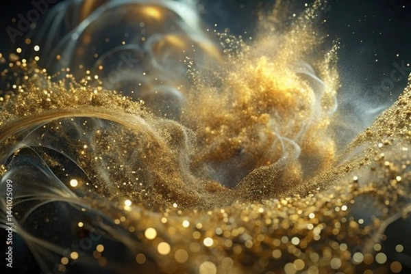 Fototapeta Sparkling golden dust swirls in the air, creating a magical and enchanting atmosphere at dusk in an artistic setting Generative AI