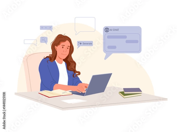 Fototapeta A young woman working on a laptop at her desk, surrounded by AI chat bubbles, communication, and content generation icons. She is in a modern office setting with notebooks and books on the desk, symbo