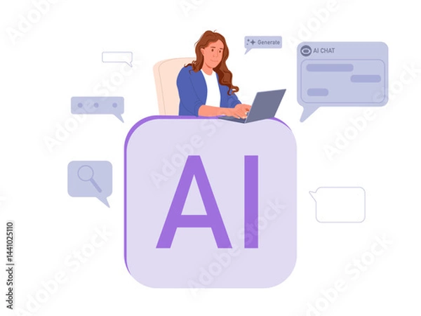 Fototapeta A young woman working on a laptop at her desk, surrounded by AI chat bubbles, communication, and content generation icons. She is in a modern office setting with notebooks and books on the desk, symbo