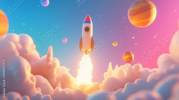 Fototapeta Playful rocket launch scene with fluffy clouds, colorful planets, and a cosmic sky in the picture