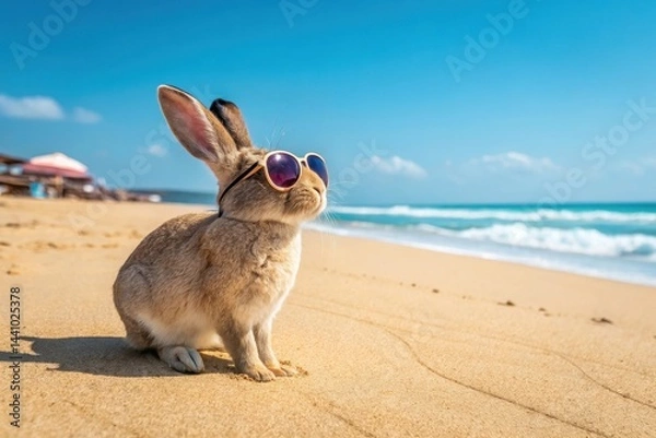 Fototapeta Cute rabbit wearing sunglasses relaxes on the sunny beach, enjoying the sea breeze and vibrant blue sky during a delightful summer day Generative AI