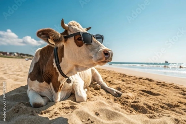 Fototapeta Cow lounging on the beach wearing sunglasses under a bright sky while waves crash in the background during a sunny afternoon Generative AI
