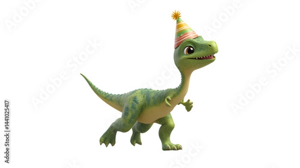 Obraz A cheerful dinosaur wearing a party hat perfect for birthday celebrations and festive designs