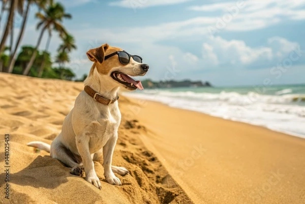 Fototapeta Playful dog wearing sunglasses enjoys a sunny day at the beach with waves crashing in the background and palm trees swaying gently Generative AI