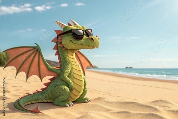 Fototapeta Relaxing dragon enjoys a sunny day on the serene beach, wearing cool sunglasses while soaking up the sun Generative AI