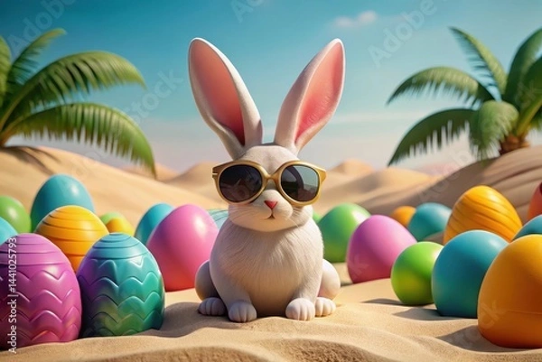 Fototapeta Whimsical rabbit enjoys a sunny day surrounded by colorful easter eggs on a sandy beach Generative AI