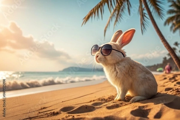 Fototapeta Relaxing rabbit enjoys the sunset on a tropical beach while wearing stylish sunglasses and soaking in the peaceful atmosphere Generative AI