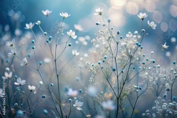 Fototapeta Delicate blossoms and shimmering orbs dance together in a serene garden at dawn, bathed in soft blue light Generative AI