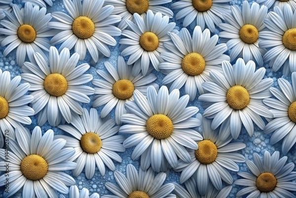 Fototapeta Beautiful white daisies blossom on a soft blue background, creating a serene and cheerful atmosphere in late spring Generative AI