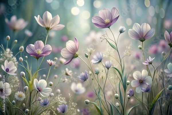 Fototapeta Delicate blossoms dance in the soft glow of morning light, creating a serene atmosphere in a magical garden setting Generative AI