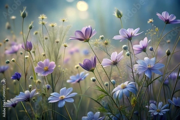 Fototapeta Blooming wildflowers create a beautiful tapestry in a serene meadow during the golden hour of a late summer evening Generative AI