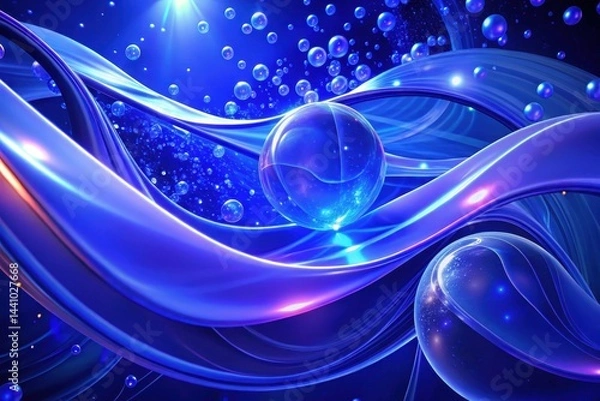 Fototapeta Swirling blue waves with glowing spheres create an ethereal underwater fantasy during a cosmic dance of light and color Generative AI