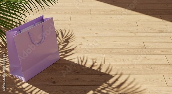 Obraz Lavender shopping bag mockup on wooden floor with palm leaf shadows and copy space for luxury brand or boutique advertising
