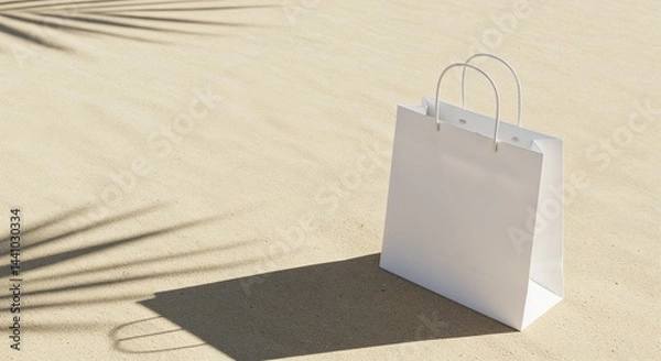 Obraz Minimalistic white shopping bag mockup on sandy surface with palm leaf shadow and copy space for advertising or retail promotion