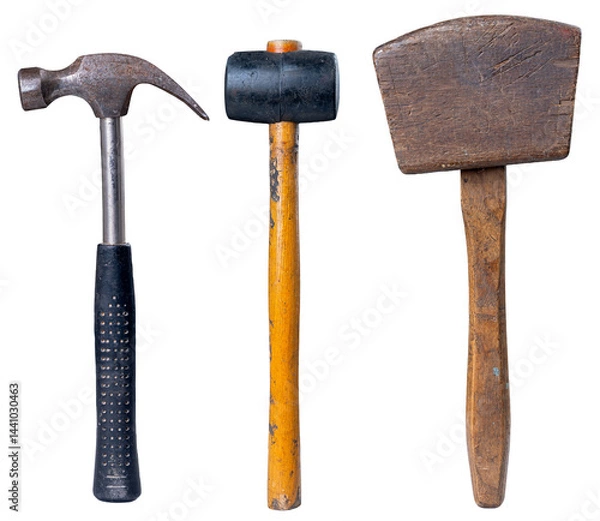 Obraz Three different hammers used in machine shop on isolated background.