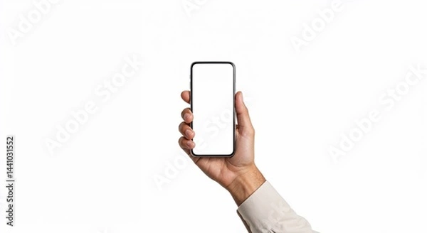 Obraz Hand holding smartphone with blank screen mockup on white background with copy space, ideal for application showcase, social media or digital marketing