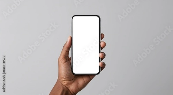Obraz Close-up of dark-skinned hand holding smartphone with blank screen mockup, isolated on gray background with copy space for mobile app or digital product ad