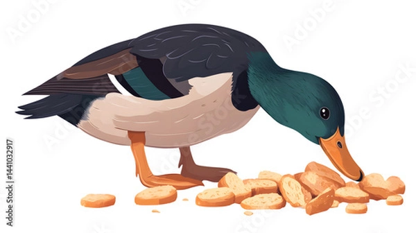 Obraz A duck feeding on bread slices showcasing wildlife and nature interaction