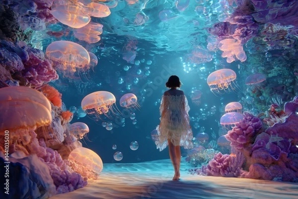 Fototapeta A woman immersed in the magical, underwater world of jellyfish and coral. She appears serene, surrounded by an ethereal glow