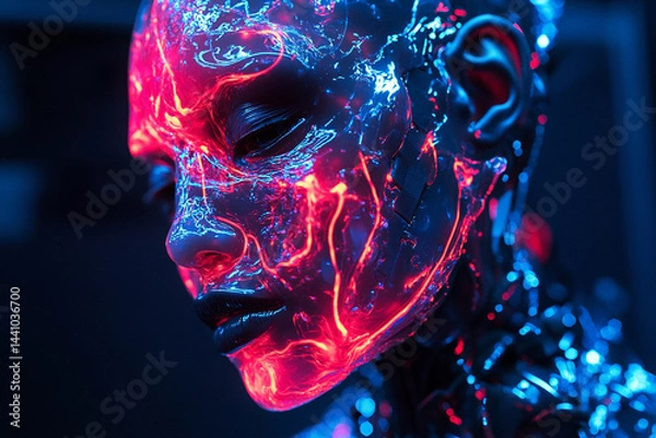 Obraz Liquid neon biogel covering the artificial skin of an android, creating the effect of symbiosis of technology and living matter