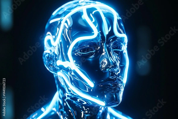 Obraz Liquid neon biogel covering the artificial skin of an android, creating the effect of symbiosis of technology and living matter