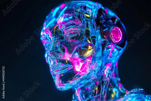 Obraz Liquid neon biogel covering the artificial skin of an android, creating the effect of symbiosis of technology and living matter