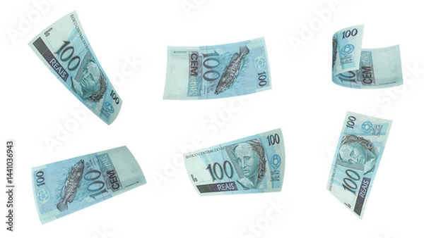 Obraz 100 Reais Banknote Displayed at Various Angles on Transparent Background – Brazil Money