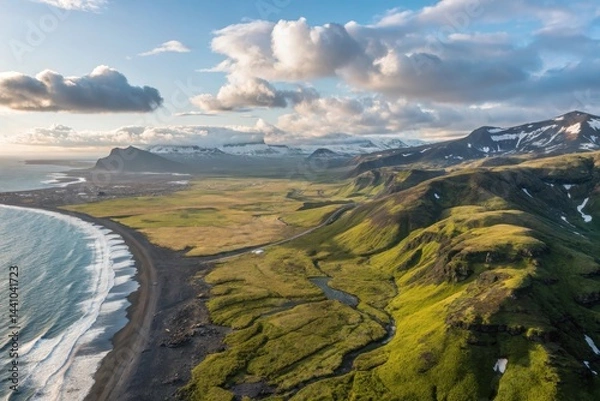 Fototapeta Majestic landscape of Iceland with lush hills, black sand beach, and dramatic sky inviting exploration at sunset Generative AI
