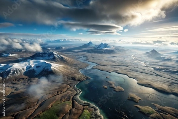 Fototapeta Majestic mountains and serene waters bask in the soft light of dawn, revealing a breathtaking landscape of untouched nature Generative AI