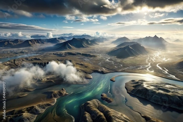 Fototapeta Majestic aerial view of rugged mountains, winding rivers, and vibrant landscapes under a dramatic sky at dawn Generative AI
