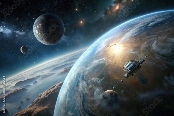 Fototapeta Exploring distant galaxies with spacecraft gliding past planets and cosmic landscapes in the vastness of space Generative AI
