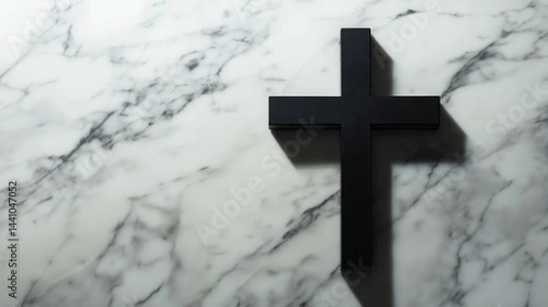 Obraz Simple Black Wooden Cross Casting Long Shadow on White Marble Surface for Christian Mourning Concepts, Obituaries, and Religious Sympathy Posters, Monochromatic Light and Dark Tones