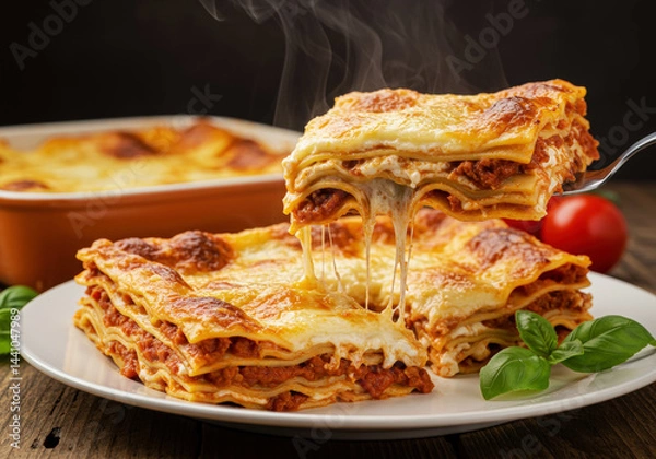 Fototapeta Freshly cut homemade lasagna showing distinct layers of pasta
