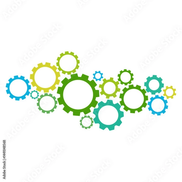 Fototapeta Abstract techno illustration. Composition of different gears connected together. Business mechanism concept. Vector infographic for ecology, service, analytics, seo, digital marketing, communication