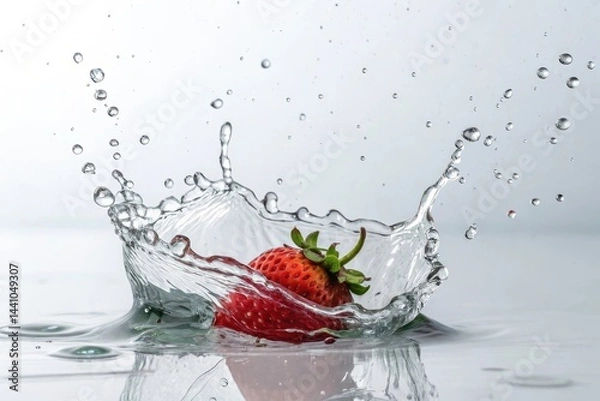 Fototapeta Creating art with fresh strawberries splashing in crystal clear water during a sunny afternoon Generative AI