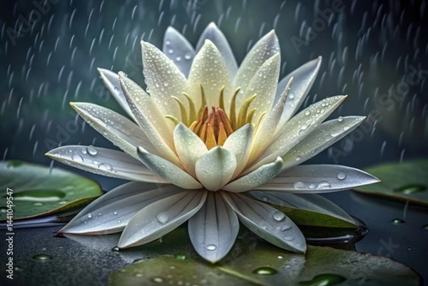 Fototapeta Delicate white water lily gracefully blooms amidst gentle raindrops in a tranquil oasis at dusk Generative AI