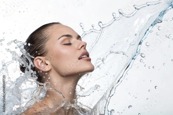 Fototapeta Captivating moment of a woman embracing the beauty of water splashes in a serene studio setting Generative AI