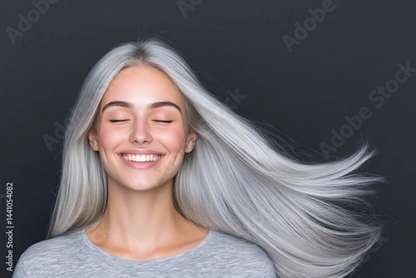 Fototapeta Happy young woman with long silver gray hair blowing sideways, minimal makeup and closed eyes, black background studio portrait with natural glow and hair movement

