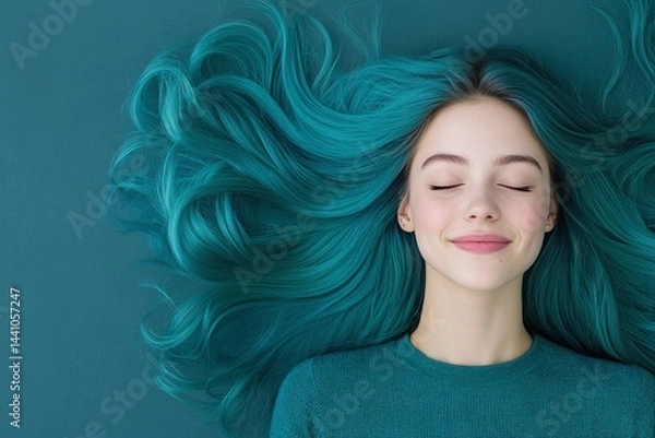 Fototapeta Top view of young woman with long wavy teal hair fanned out, eyes closed in peaceful smile, minimalistic portrait on blue background, hair volume and color concept

