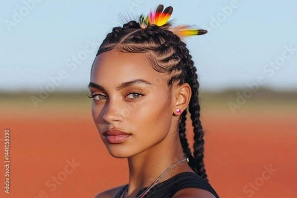 Fototapeta Indigenous Australian woman with braided cornrow hairstyle and feather detail, confident expression in open landscape, natural light outdoor portrait with cultural and modern style

