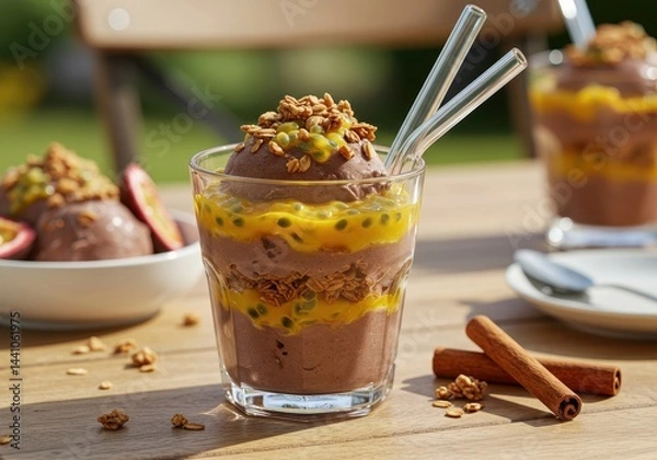 Obraz Delicious Chocolate and Mango Layered Dessert with Granola and Passionfruit Topping in a Clear Glass Cup on a Wooden Table
