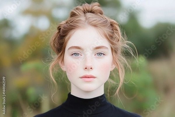 Fototapeta Red-haired woman with messy bun and loose curls, looking at camera in outdoor setting, natural portrait with minimal styling, casual beauty in soft lighting and autumn background

